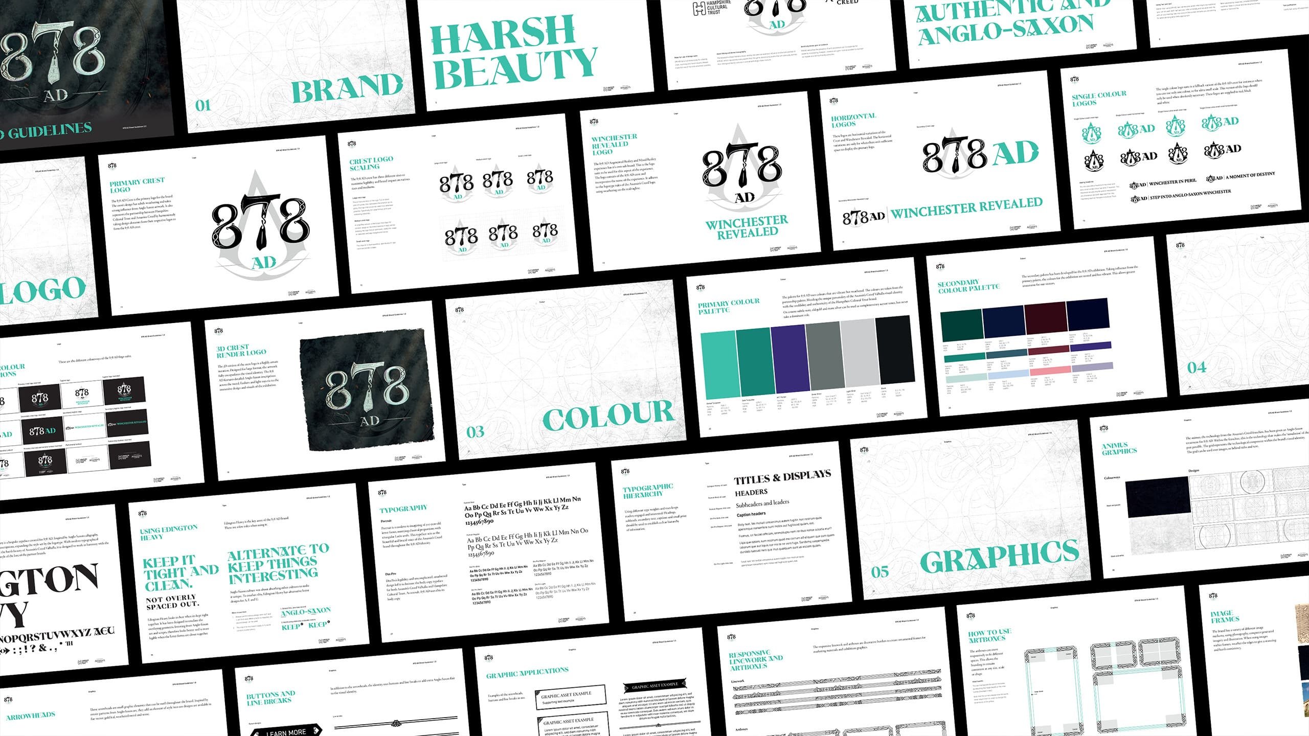 Flat lay graphic featuring different iterations of the 878AD logo a long with a colour palette