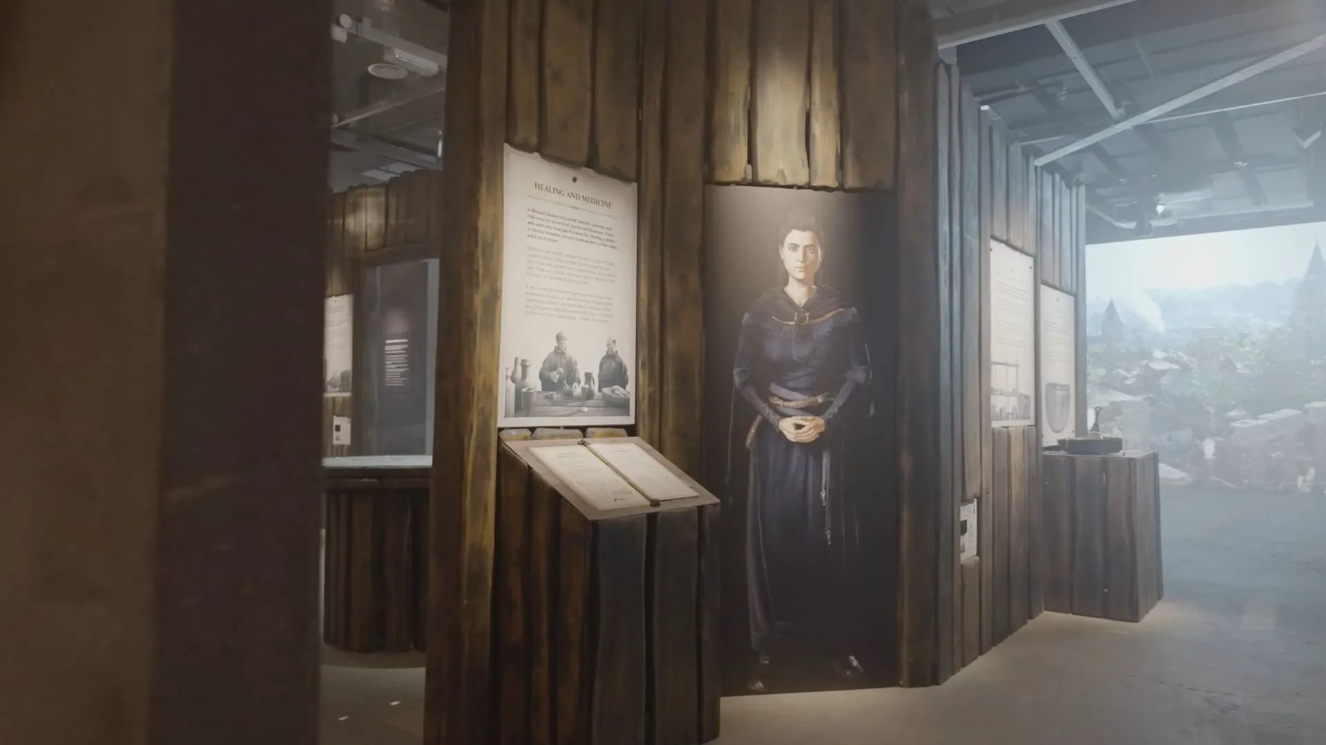 an interior scene with wooden structured, museum pieces and a painting of a woman in blue