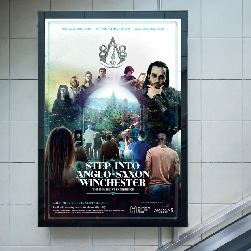 A poster in a train station featuring a graphic of 878 AD, the top half has images of historical people and the bottom, modern