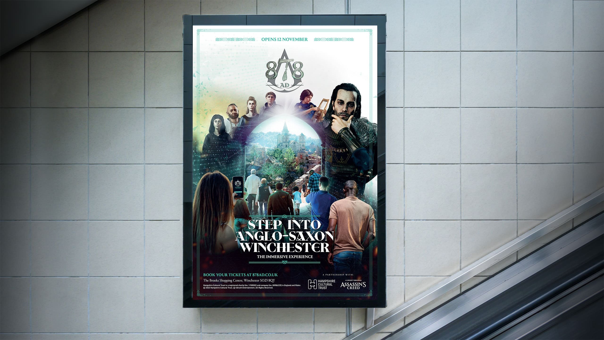 A poster in a train station featuring a graphic of 878 AD, the top half has images of historical people and the bottom, modern