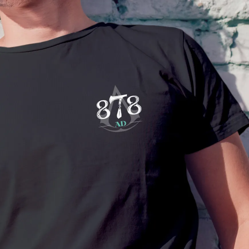 A black t-shirt featuring the 878AD graphic on the left chest