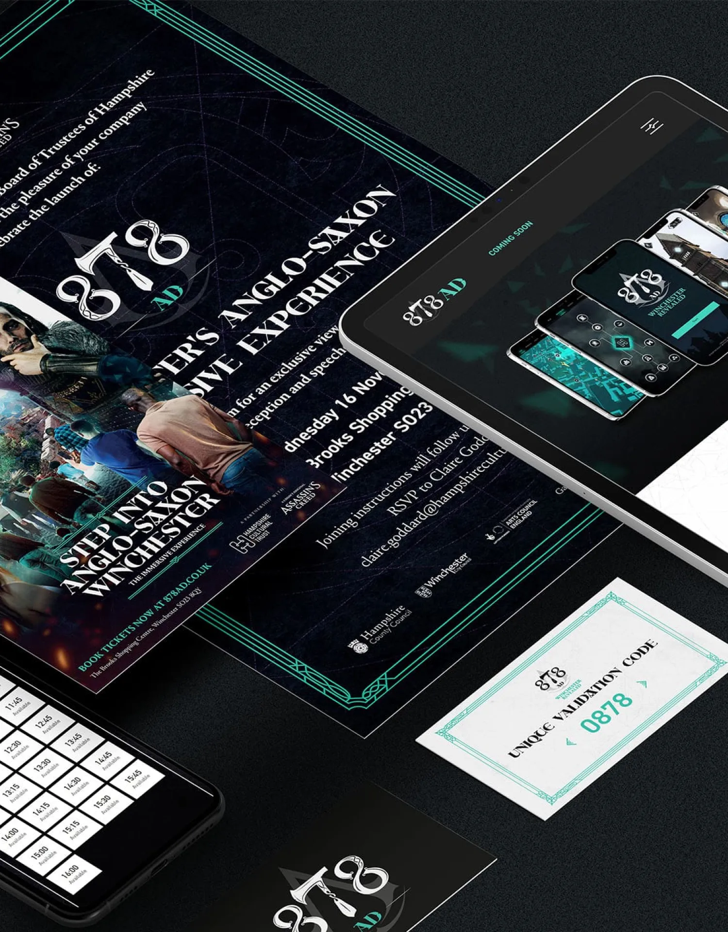 A flat lay image featuring digital assets for 878 ad