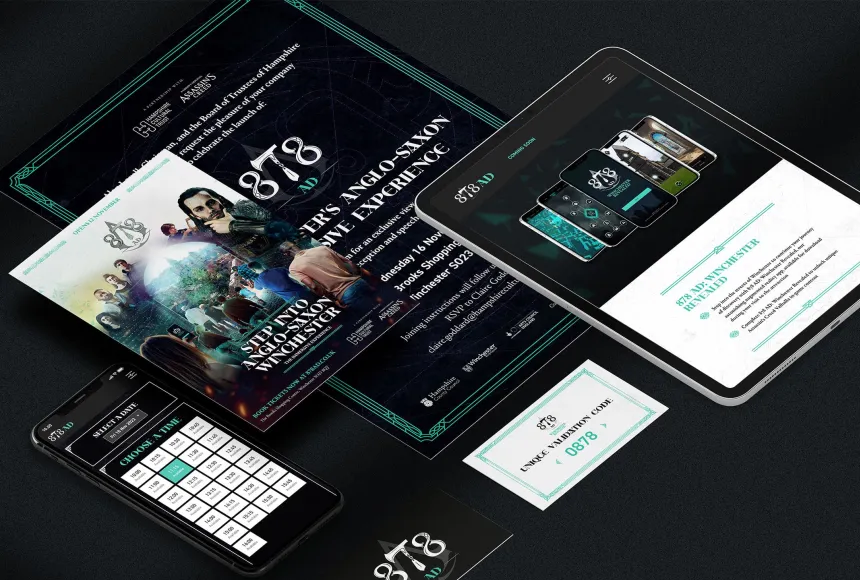 A flat lay image featuring digital assets for 878 ad