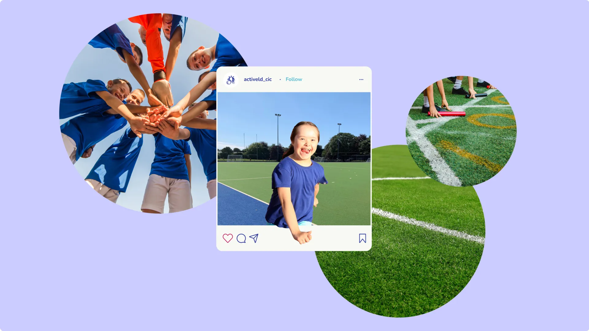 Montage of circle photos with centre Instagram post featuring girl running