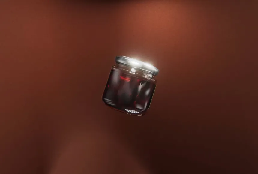 Dramatic spotlight render of a floating glass jar of chutney set against a rich brown backdrop