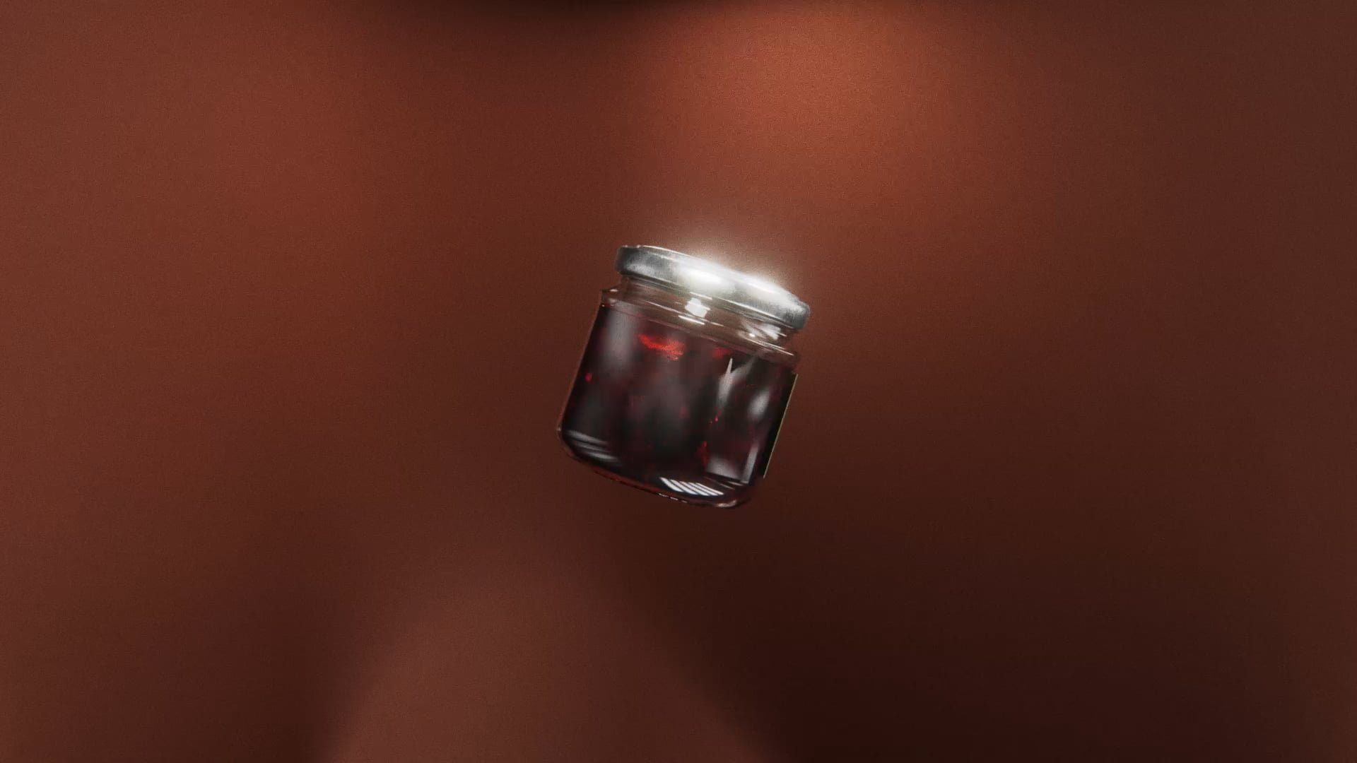 Dramatic spotlight render of a floating glass jar of chutney set against a rich brown backdrop