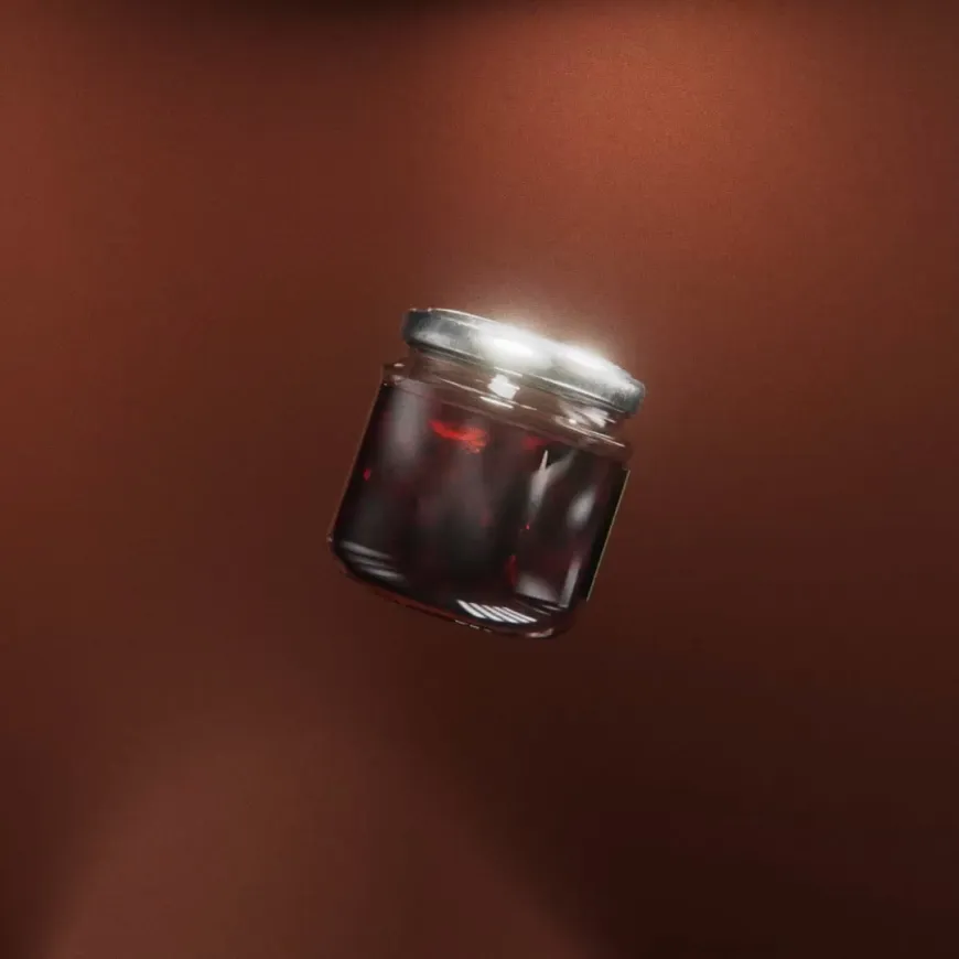 Dramatic spotlight render of a floating glass jar of chutney set against a rich brown backdrop