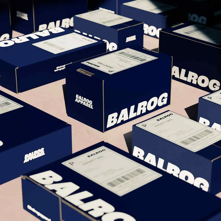 Balrog packaging boxes in dark blue