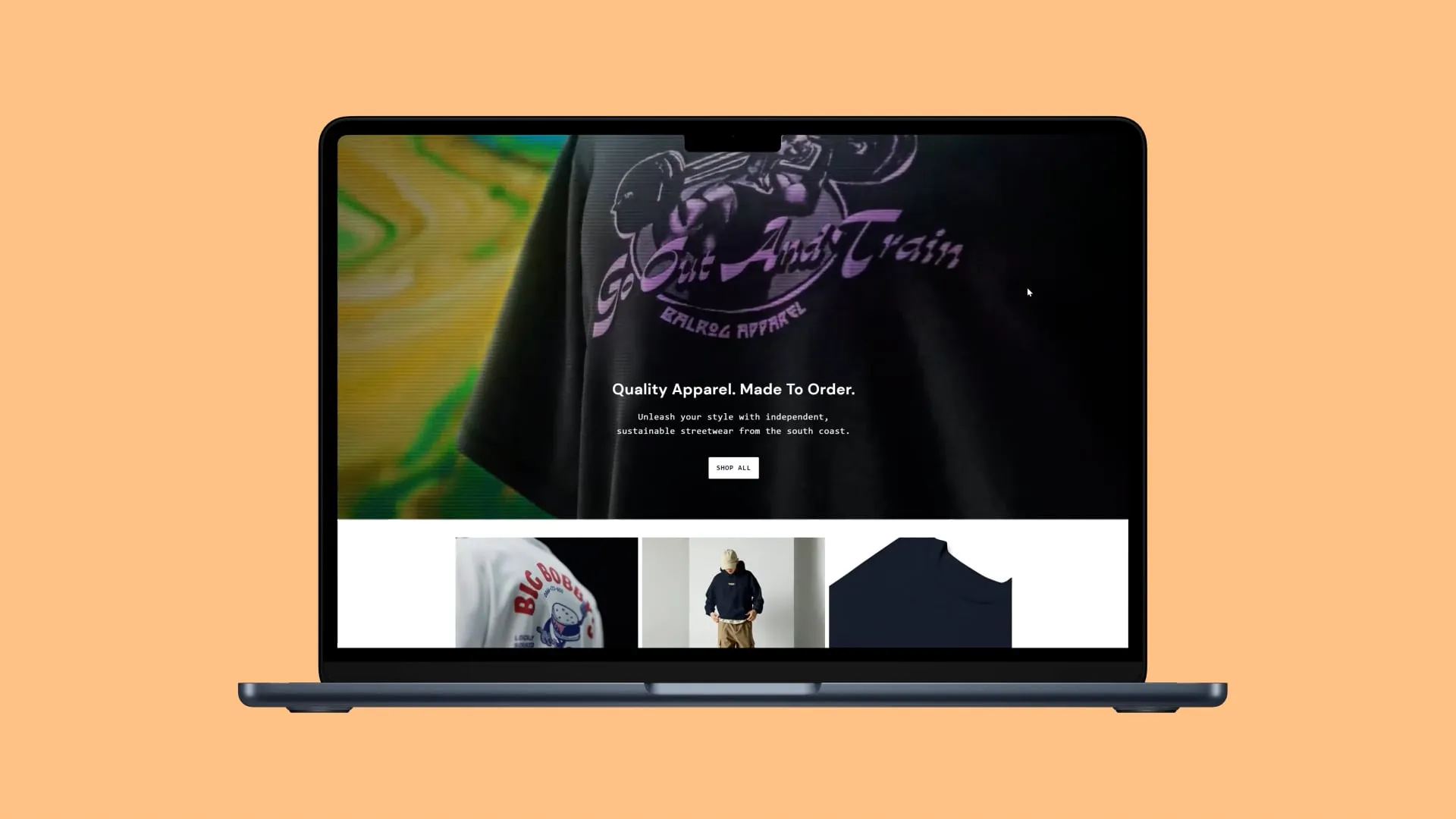 Laptop open on online store selling Balrog apparel