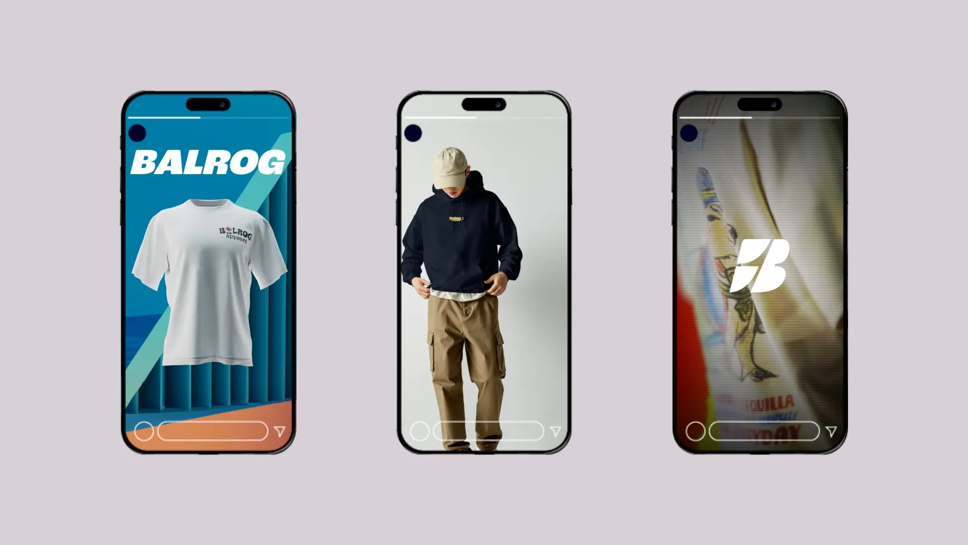 Three mobile screens displaying social media story clips