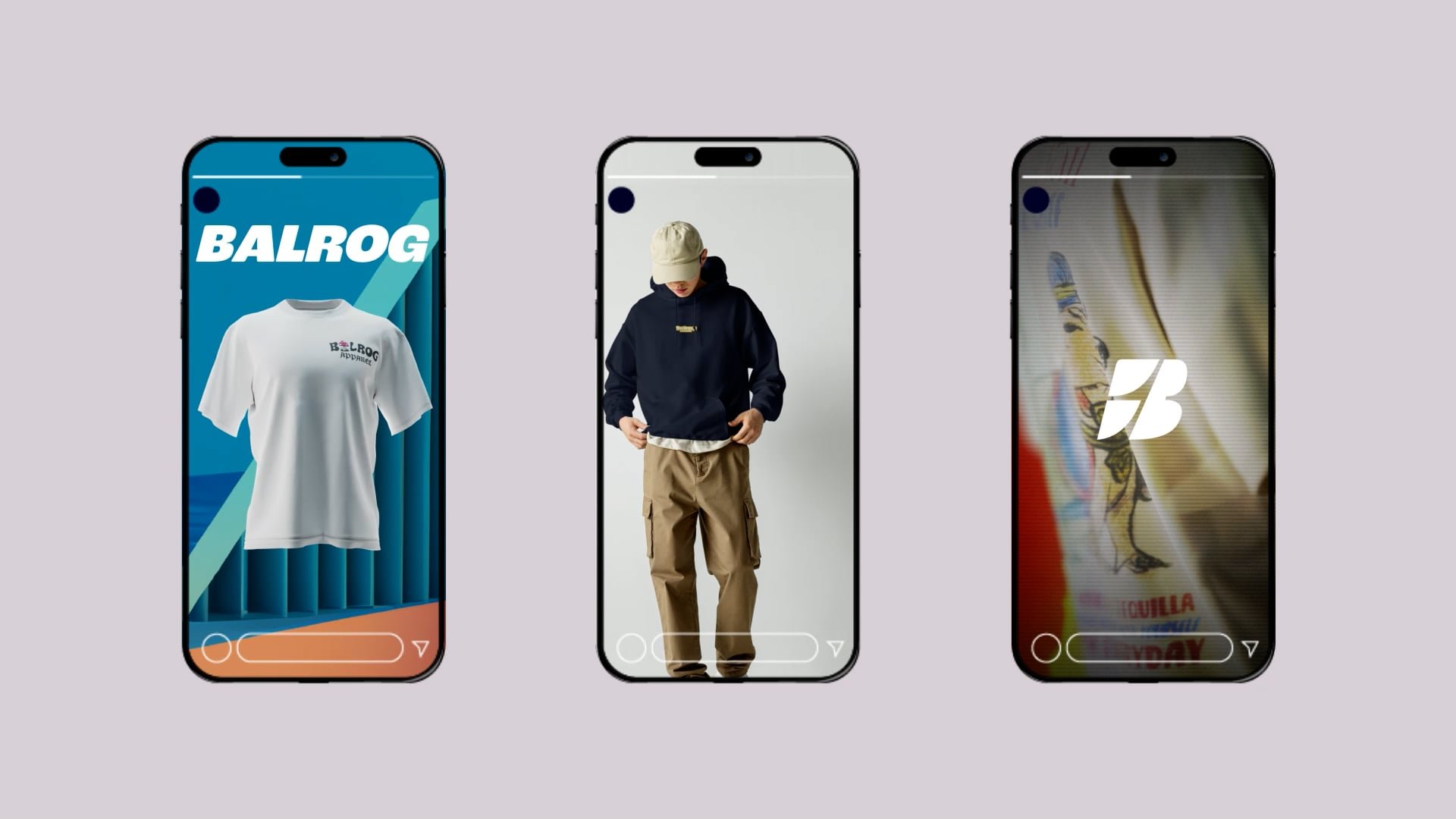 Three mobile screens displaying social media story clips