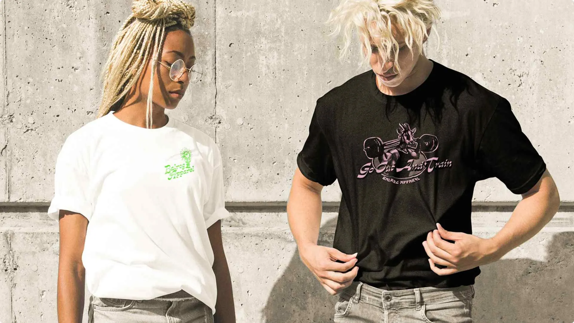 Two models wearing Balrog branded tshirts