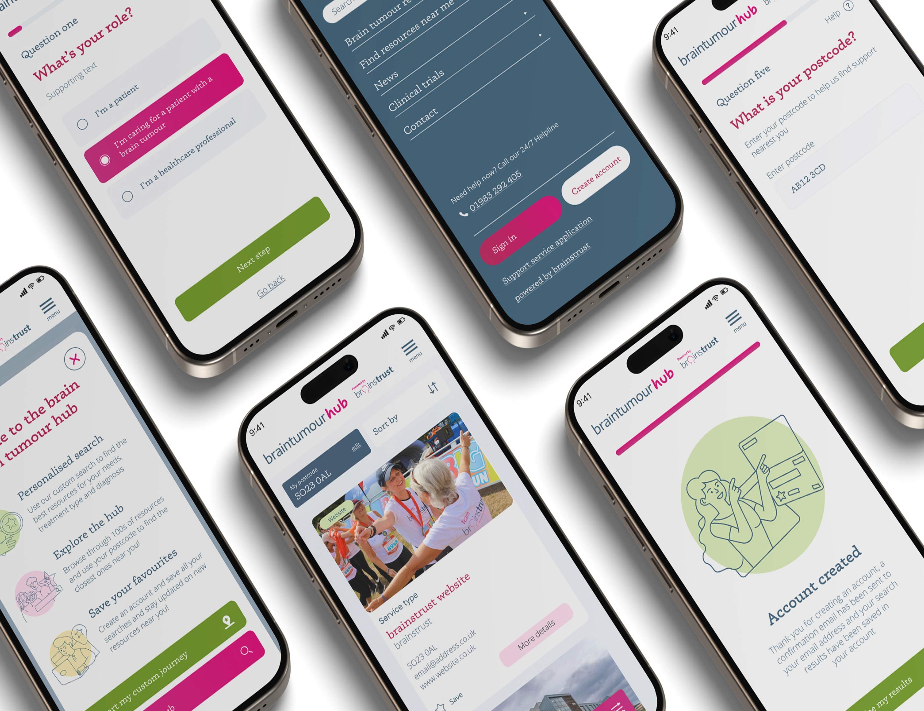 Brain tumour hub web pages on mobiles.