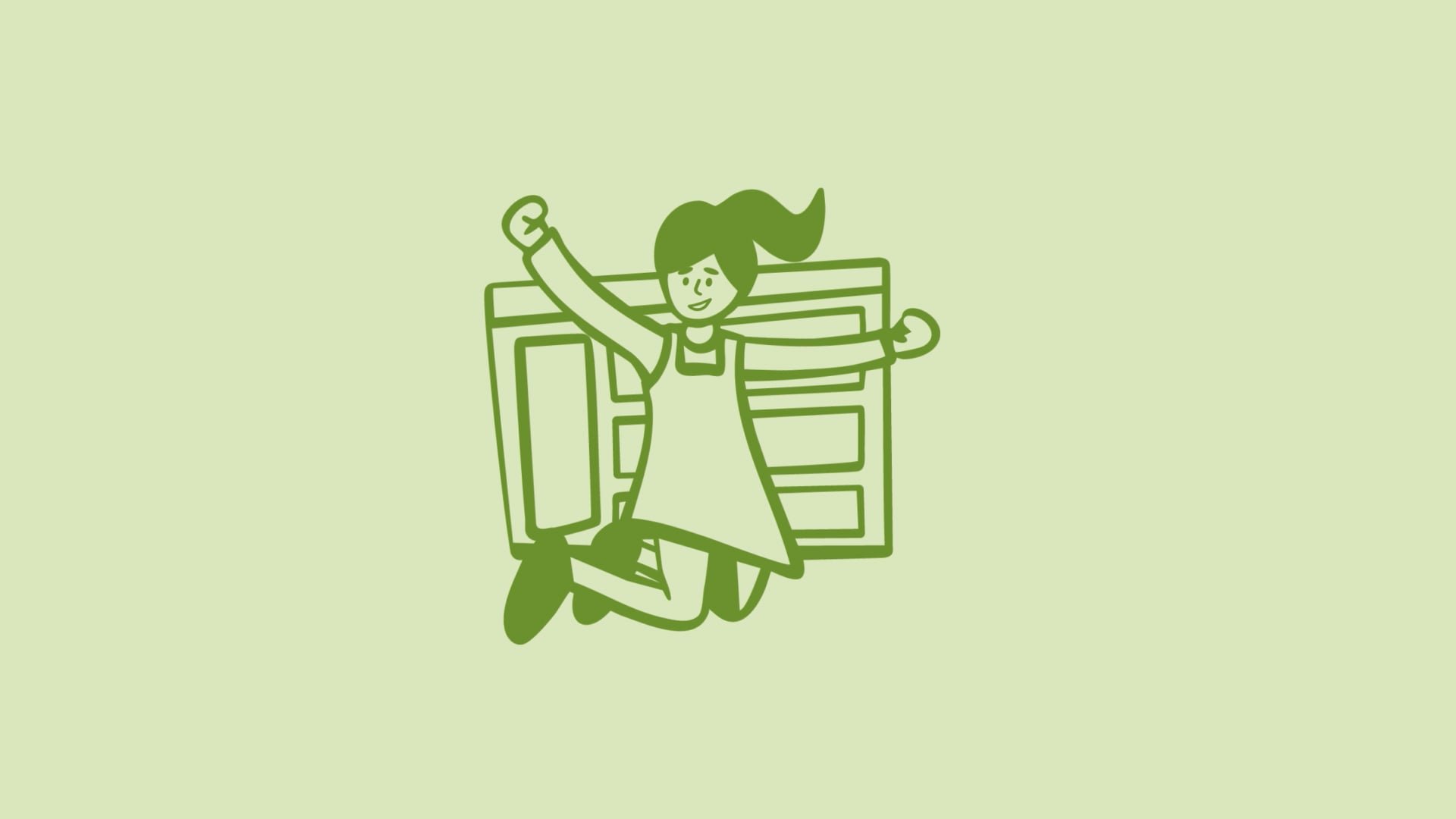 Green illustration of girl jumping in the air over a desktop on a light green background.