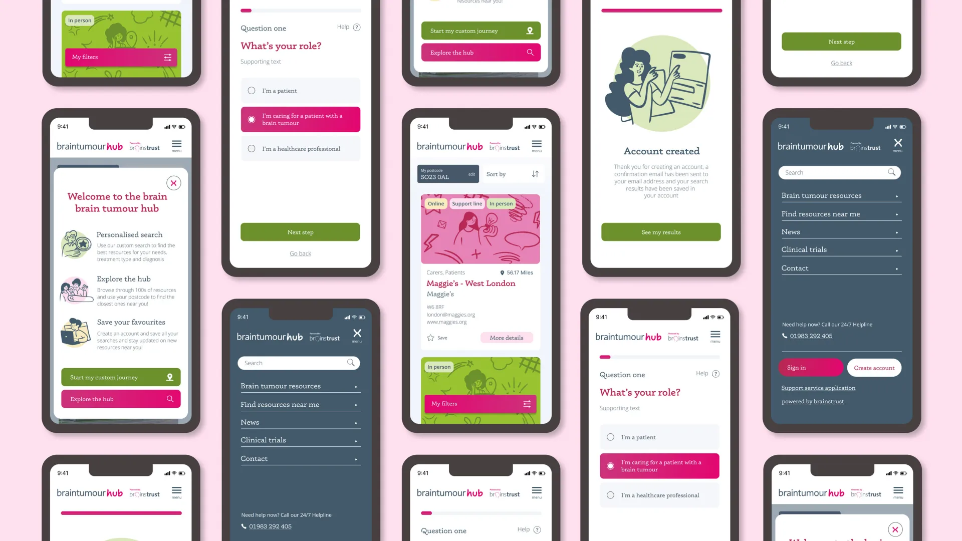 Mobile phone layouts repeated against a pink background.