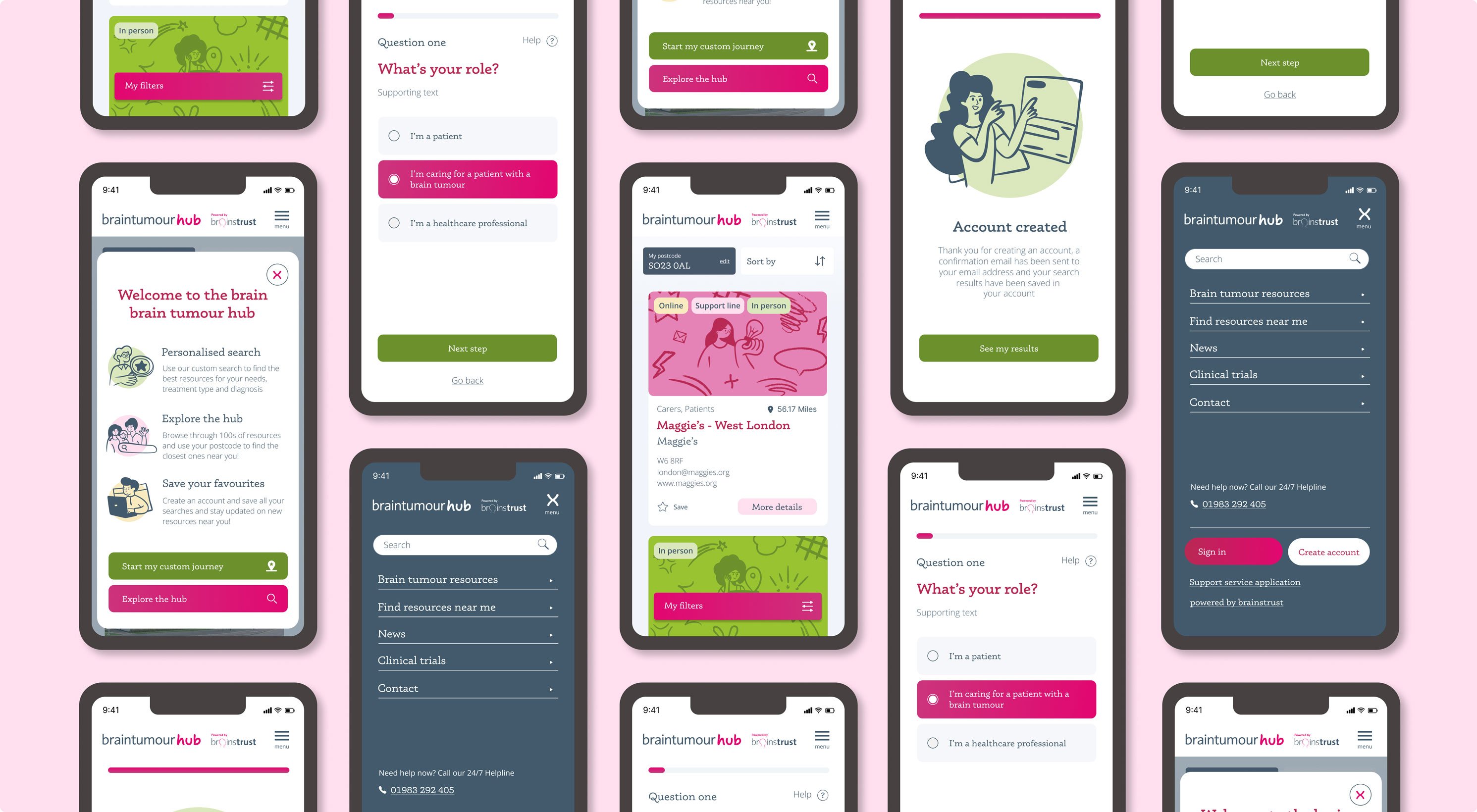 Mobile phone layouts repeated against a pink background.