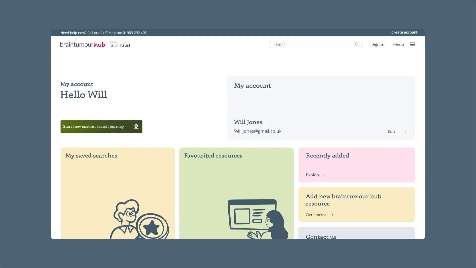Web page cut out from brain tumour hub dashboard page.