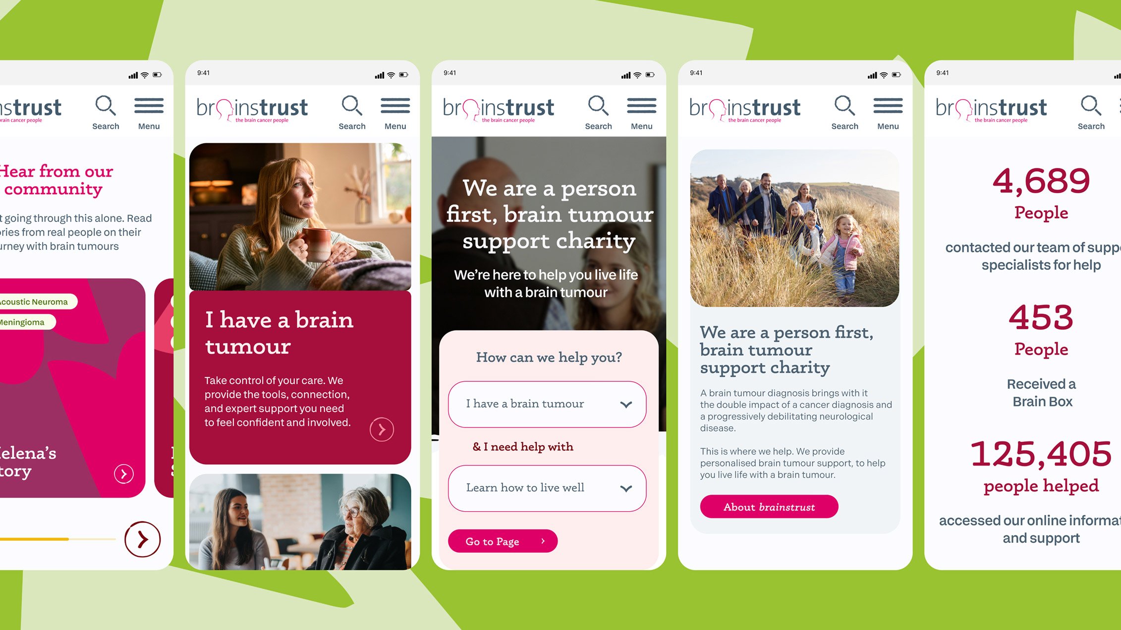 Mobile screens laid out in a row of brainstrust website pages.