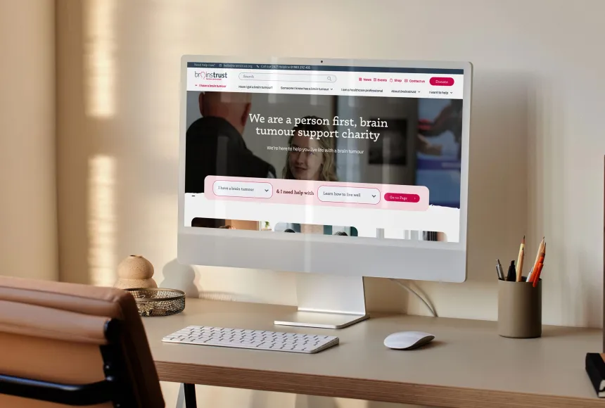 Desktop mockup of the brainstrust website home page with help search bar.