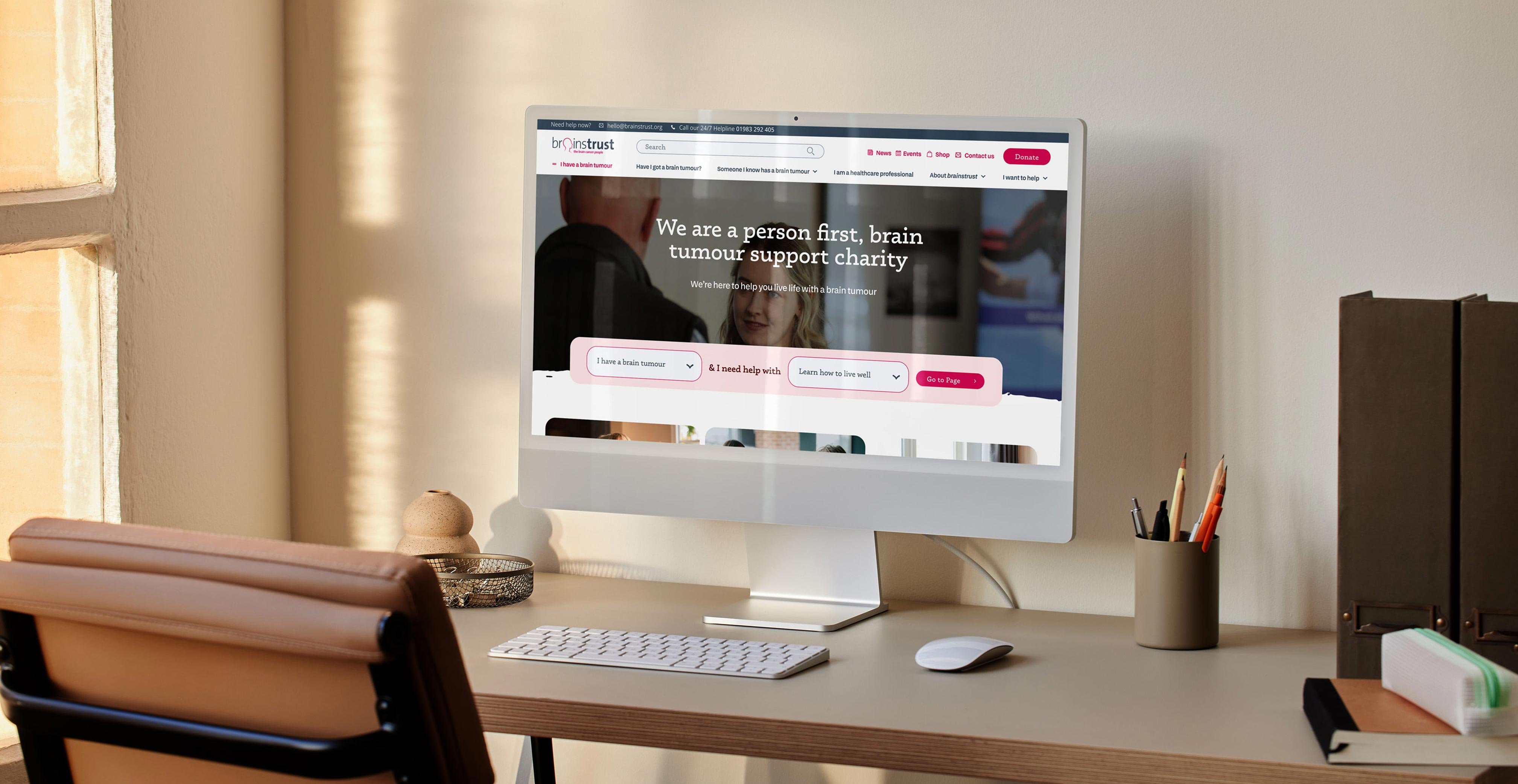 Desktop mockup of the brainstrust website home page with help search bar.