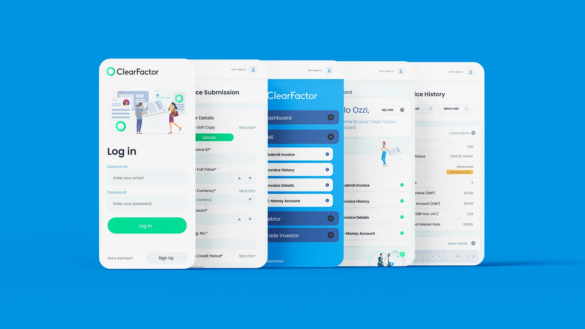 5 mock ups of a mobile phone app on a blue background