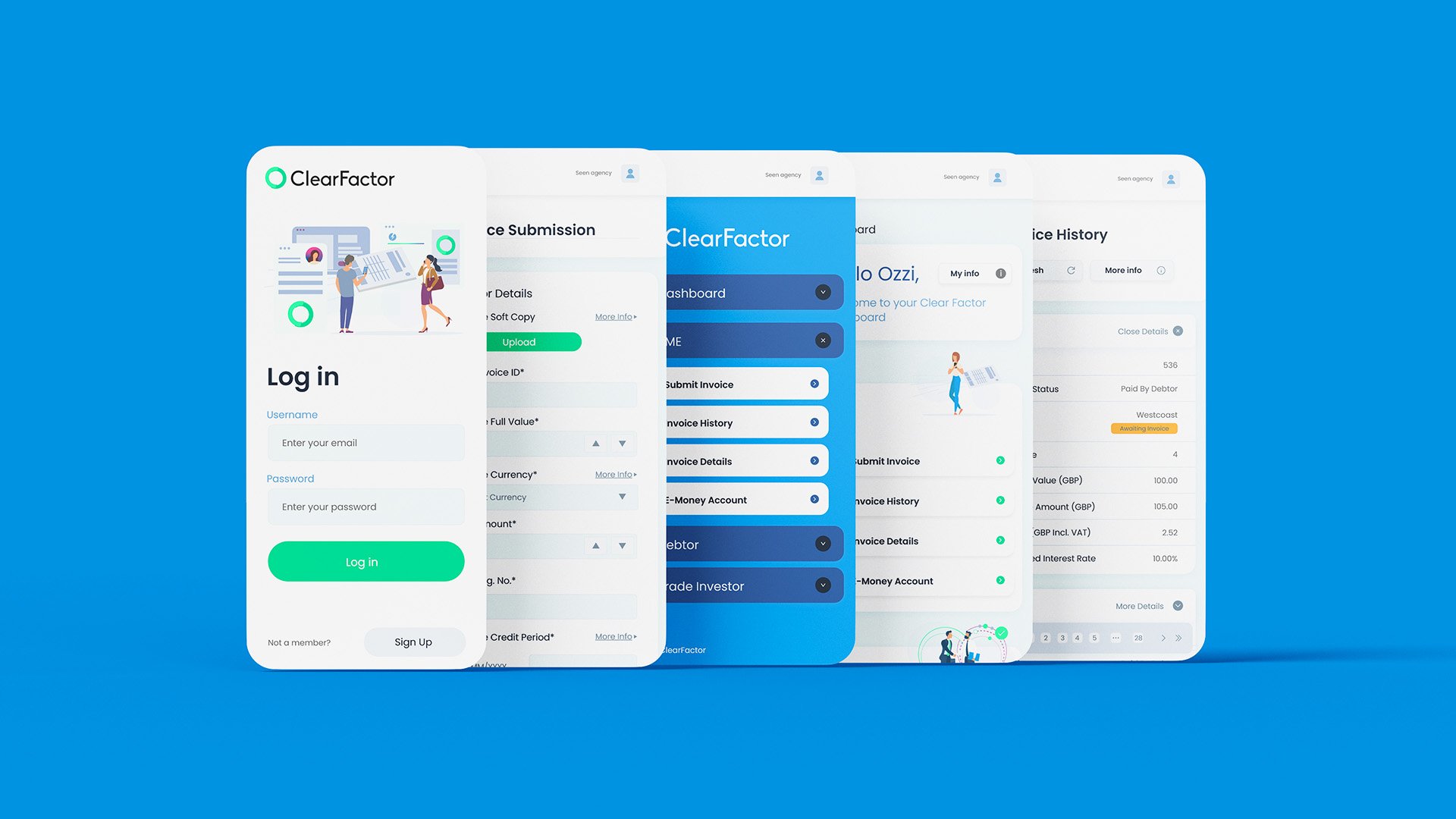 5 mock ups of a mobile phone app on a blue background