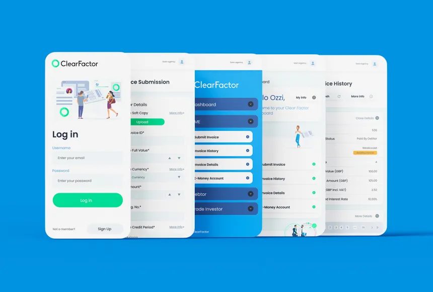5 mock ups of a mobile phone app on a blue background