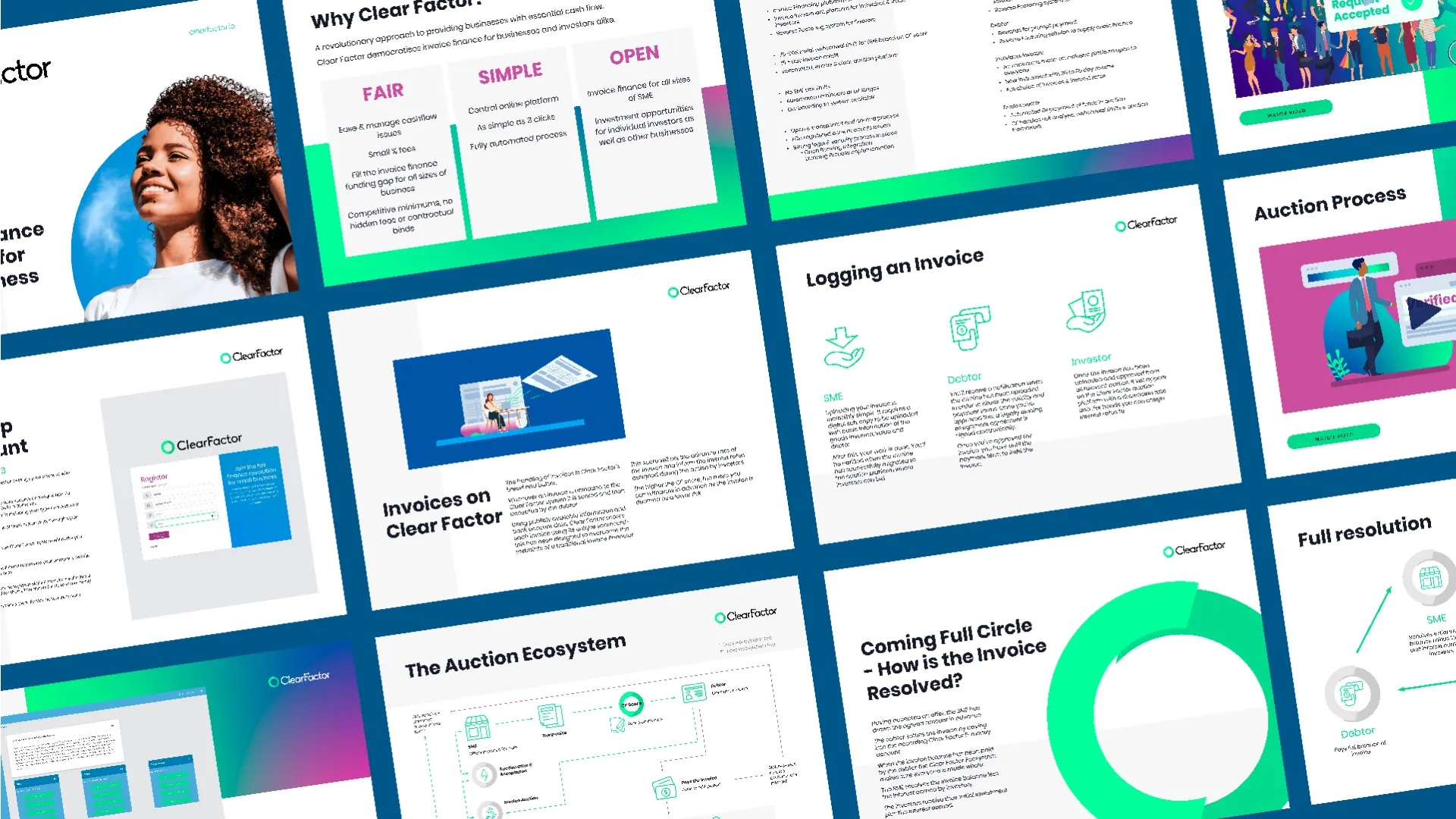 various slides showing different stages of a financial report