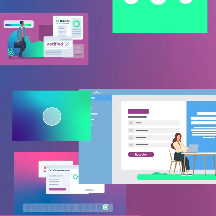 a purple background with rectangles and icons of people working