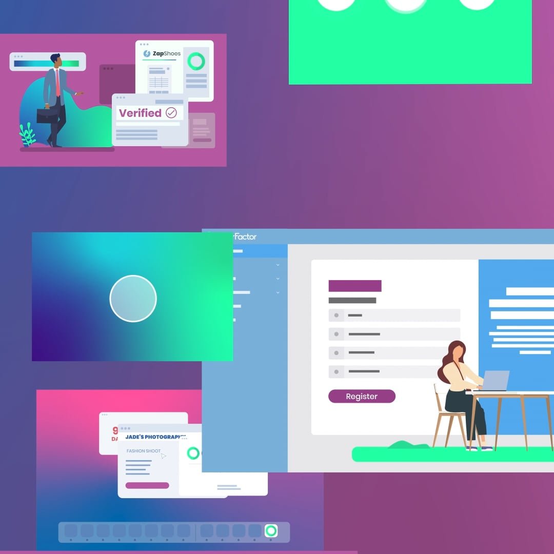 a purple background with rectangles and icons of people working
