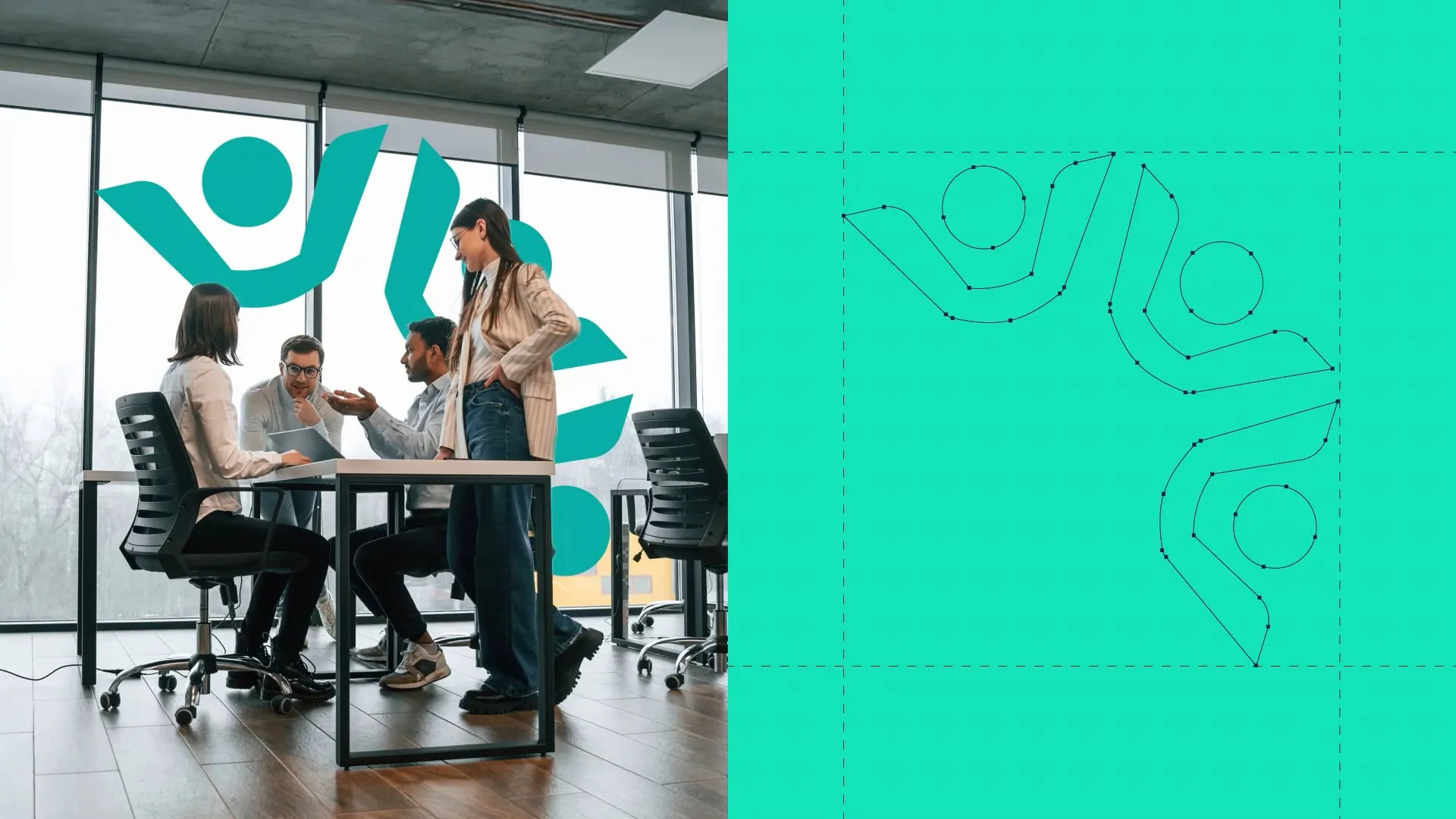 split screen image, on the left four people discuss business at a table, on the right a teal green logo