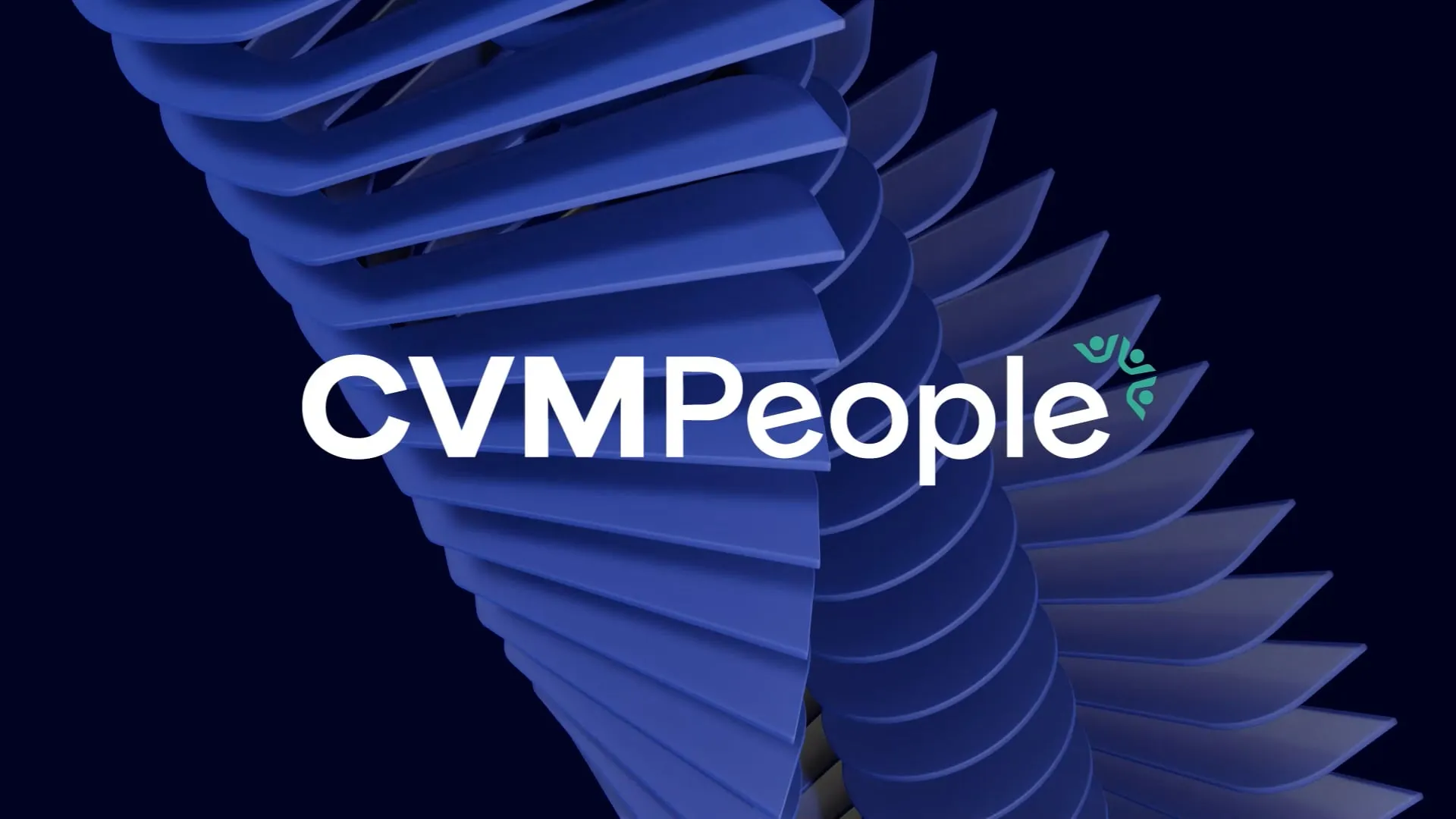 Blue graphic in a swirl with sharp lines, in front is CVM People written in white