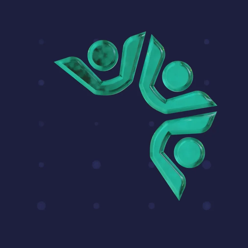 dark blue background with an emerald green logo