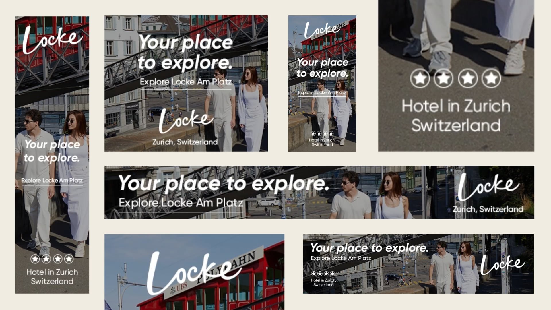 Various sizes of social media ads for the Locke, hotel in Zurich by Edyn.