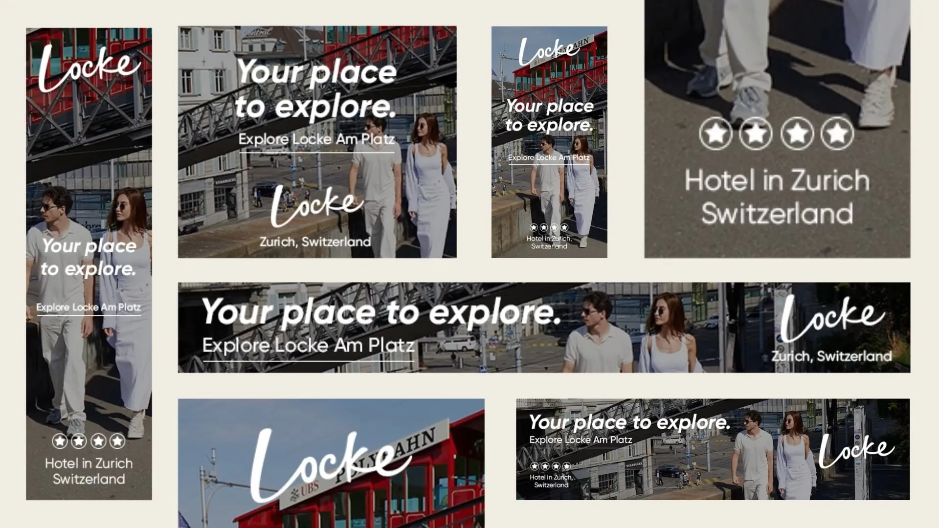 Various sizes of social media ads for the Locke, hotel in Zurich by Edyn.