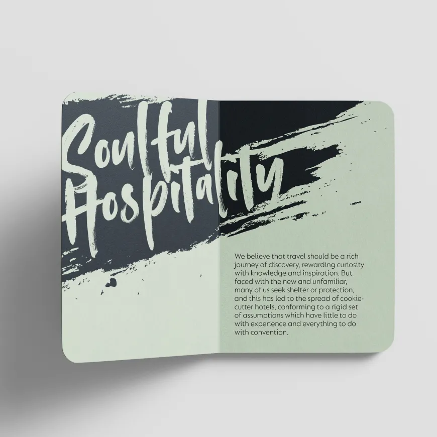 Open green leaflet with inner cover saying 'Soulful Hospitality' and other writing.