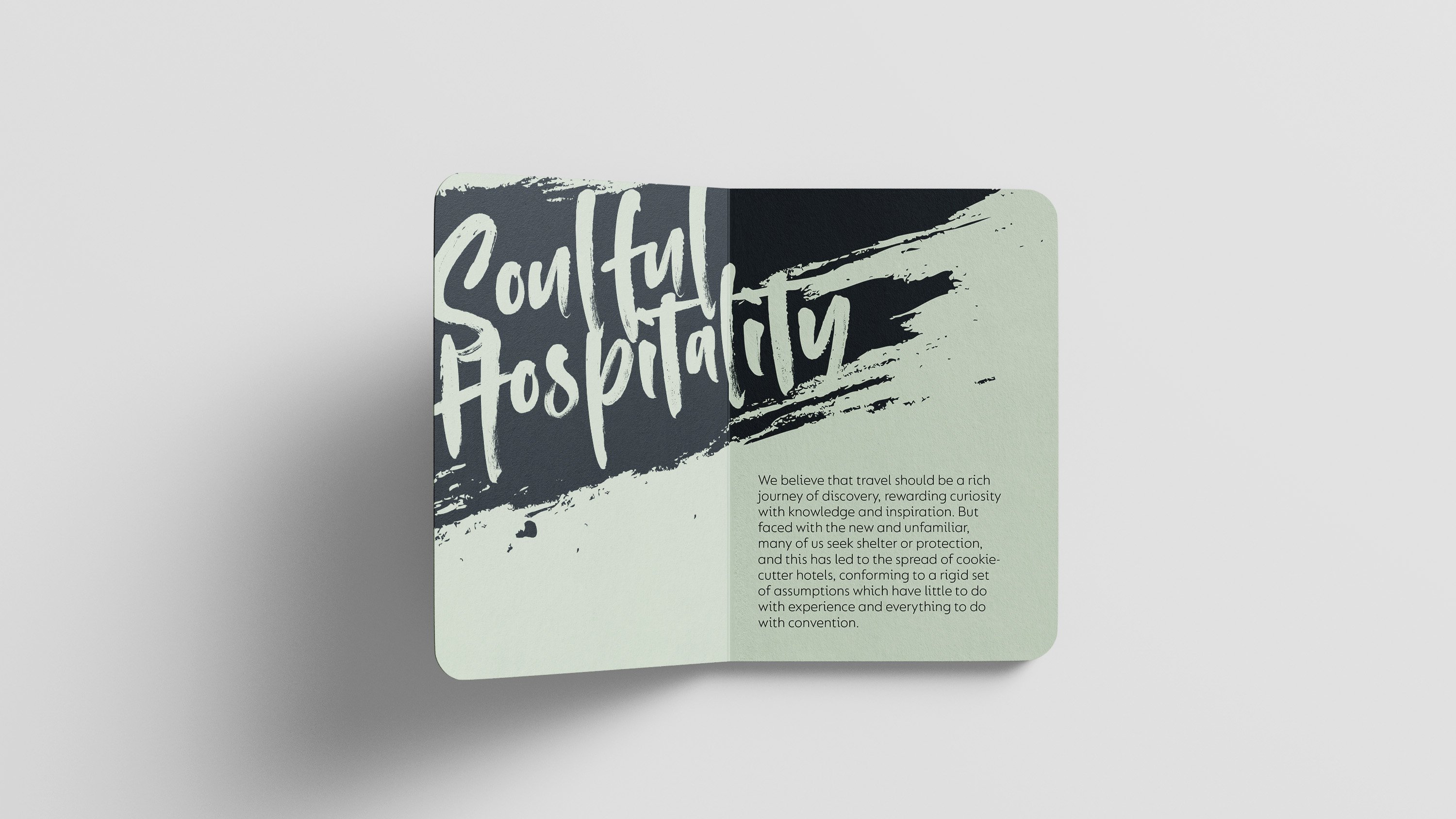 Open green leaflet with inner cover saying 'Soulful Hospitality' and other writing.