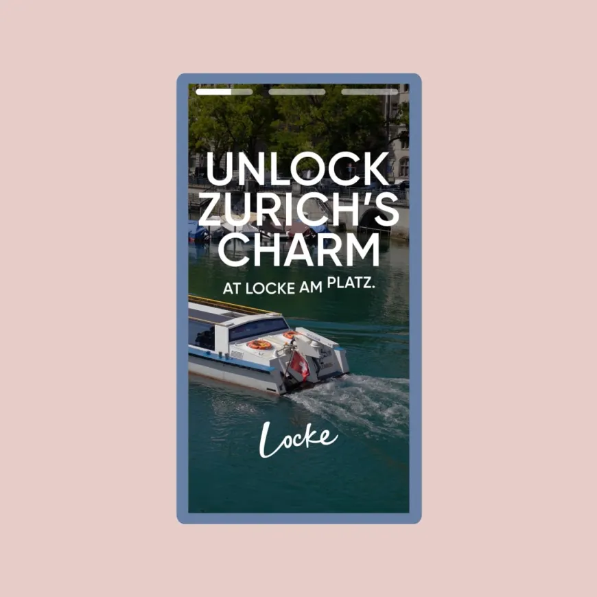 Pink background with social media story in the centre advertising the Locke in Zurich.