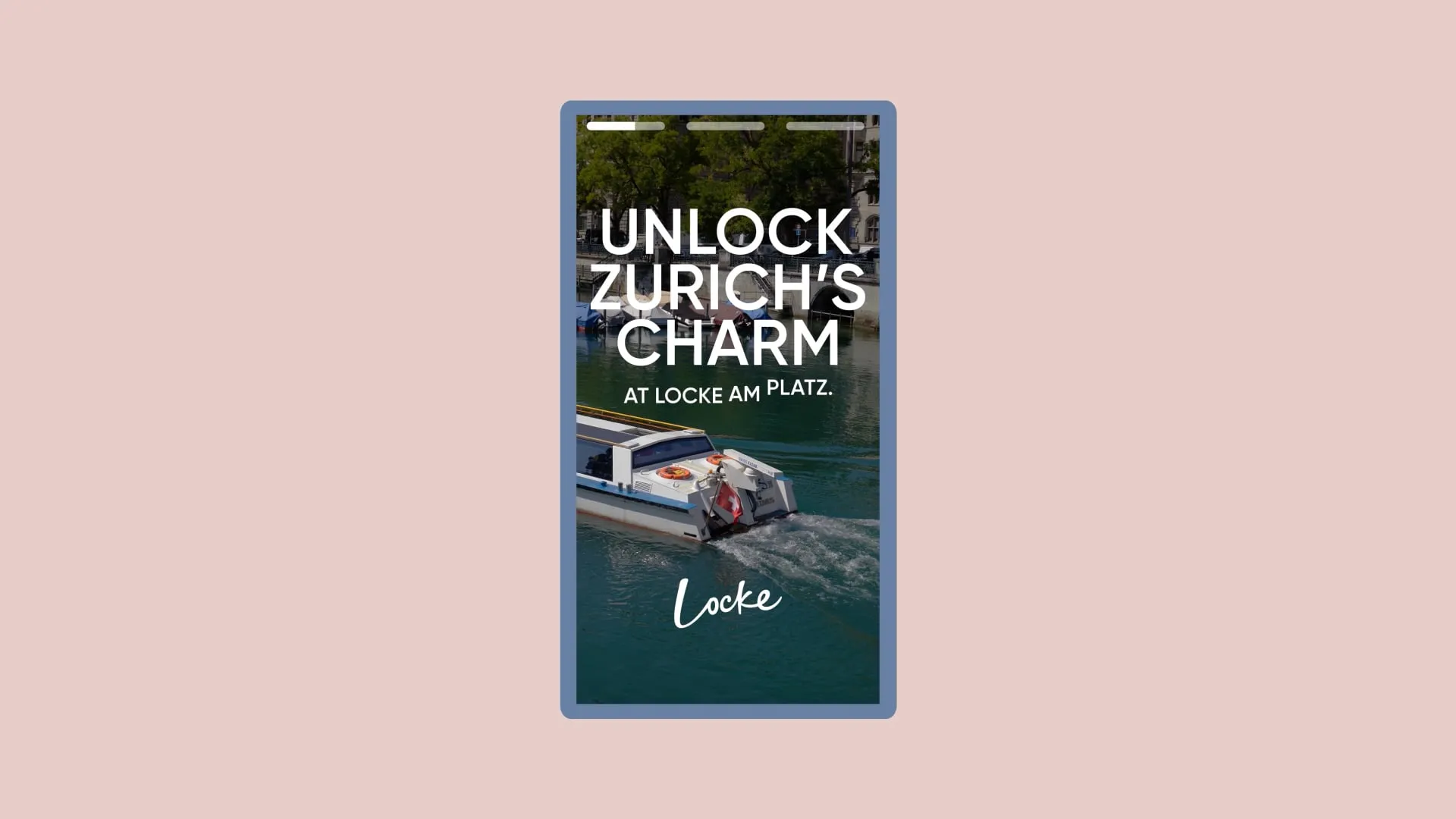 Pink background with social media story in the centre advertising the Locke in Zurich.
