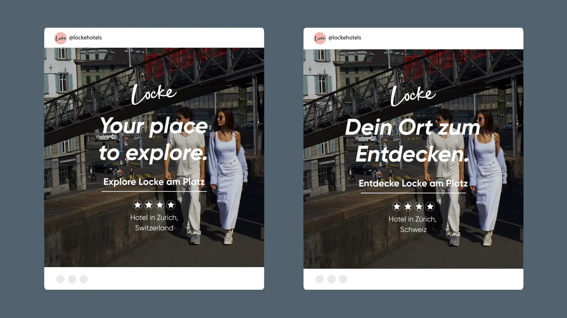 Two instagram shaped square posts advertising the Locke in Zurich in English and German.