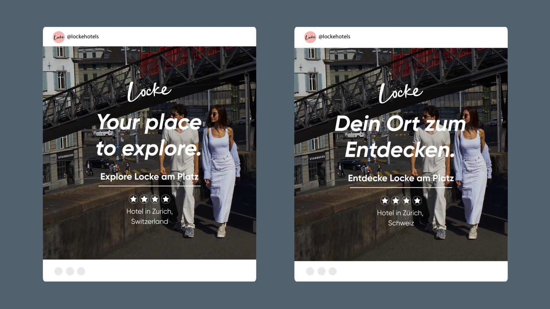 Two instagram shaped square posts advertising the Locke in Zurich in English and German.