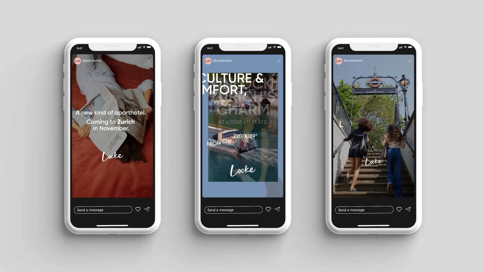 Three mobile phones with locke hotels socials story posts.