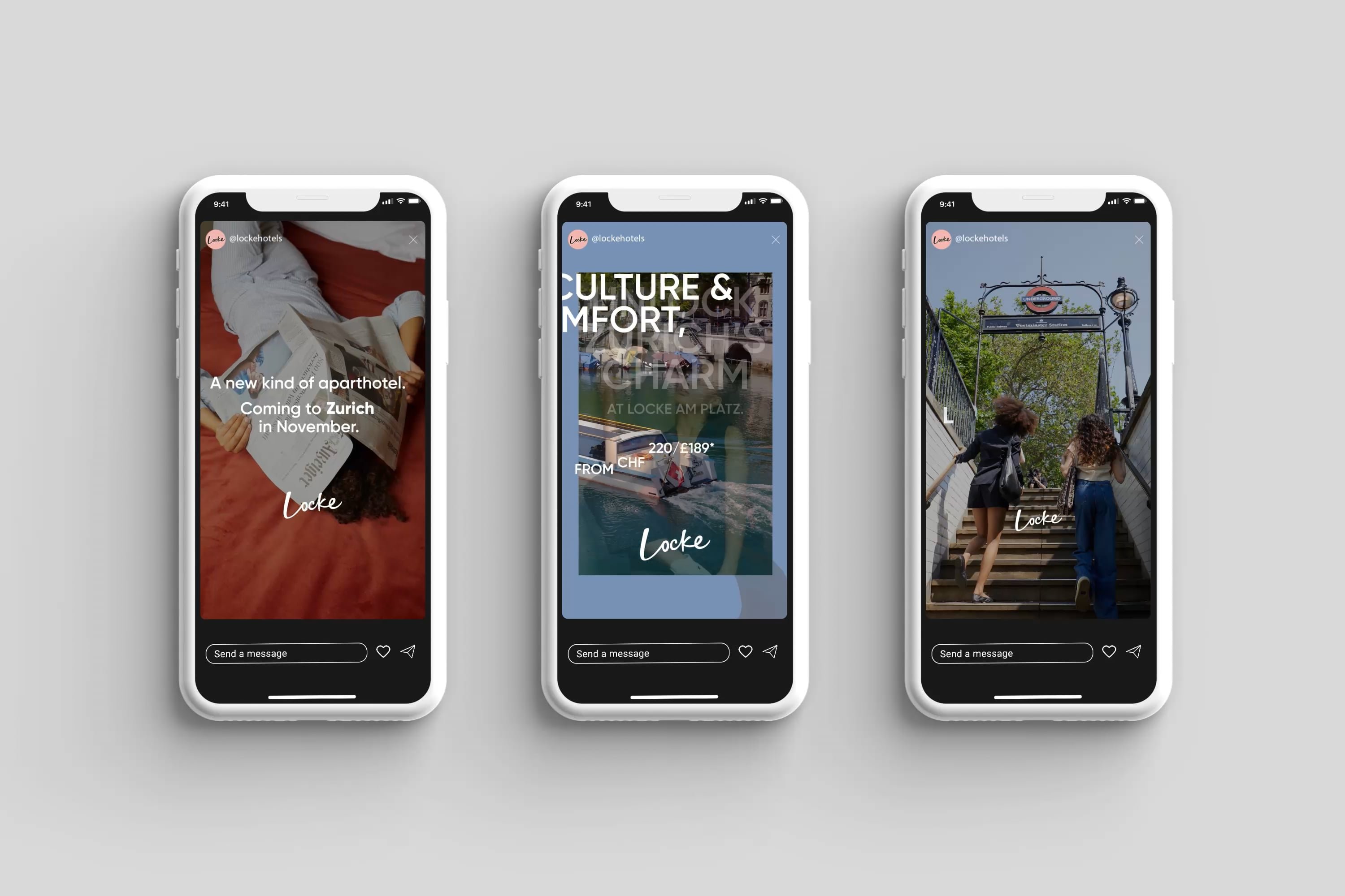 Three mobile phones with locke hotels socials story posts.