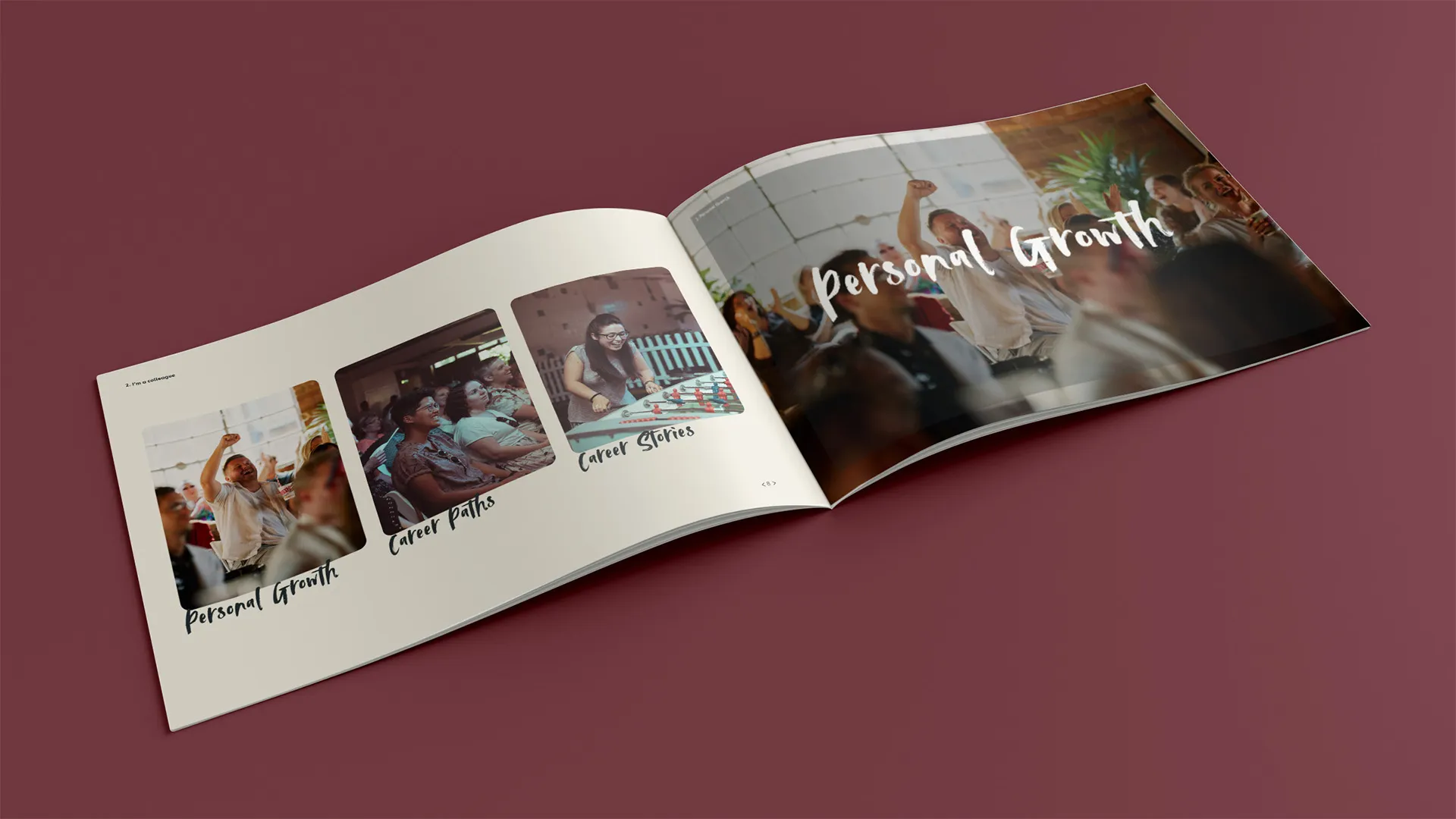 Open brochure showing personal growth imagery on a burgundy background.