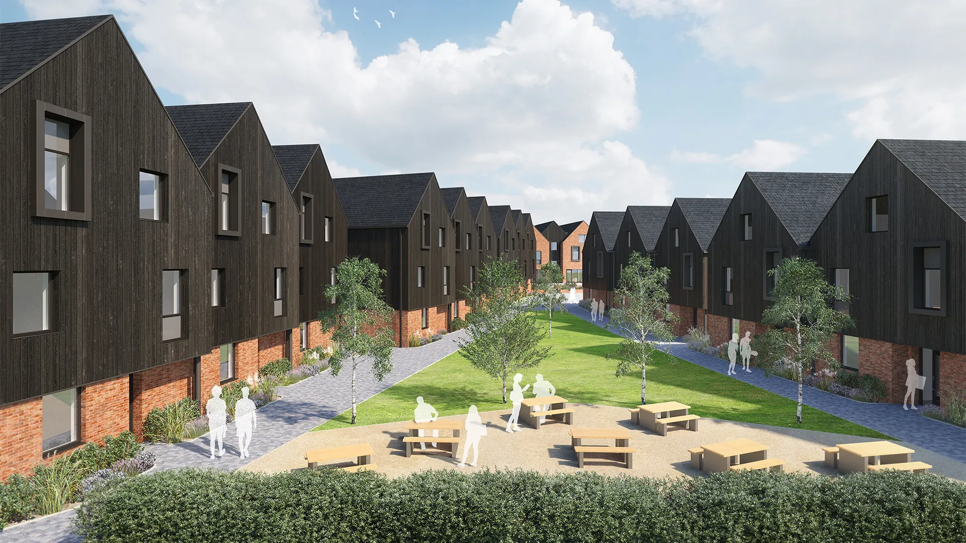 Architectural render of a community living area with park in the centre