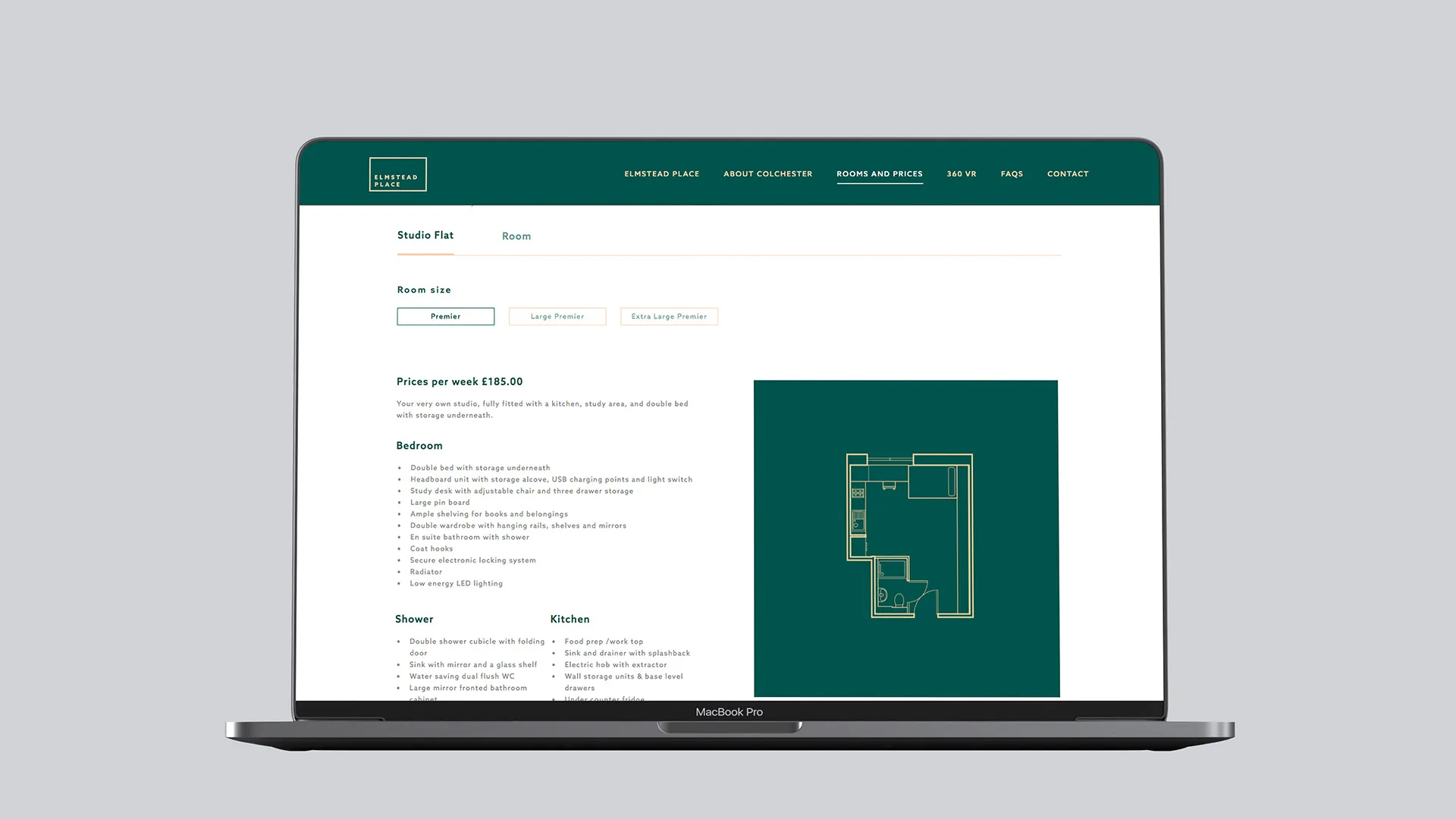 Laptop mockup with Elmstead place website and studio flat page