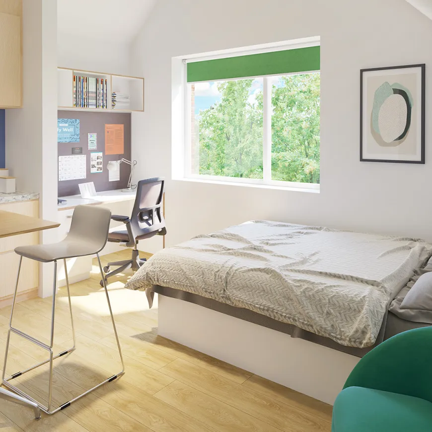 Studio flat architectural render with silhouette of a person