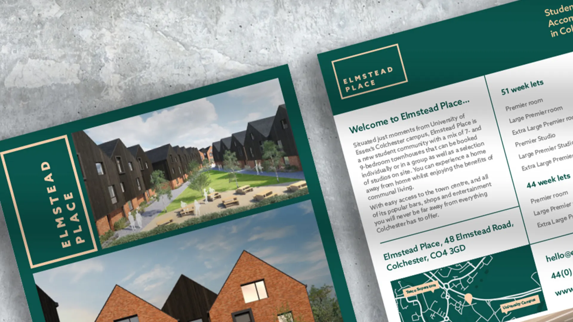 Elmstead place leaflet with imagery of architectural renders and information on properties