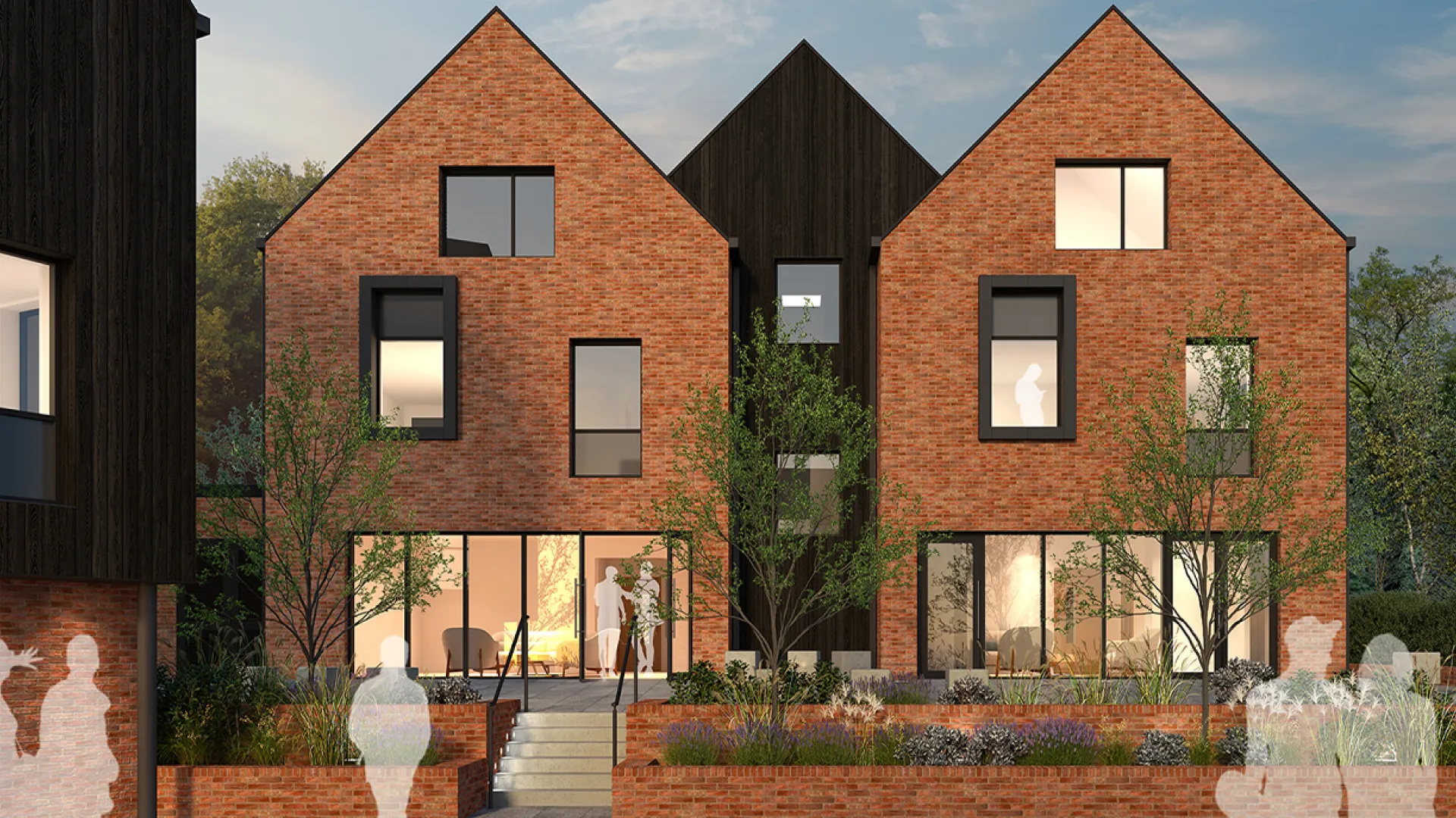 Homes architectural render with silhouettes of people exploring the homes