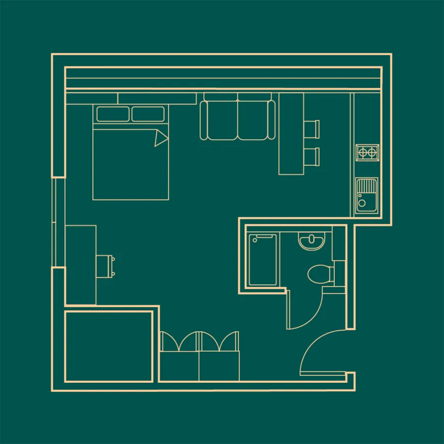 Blue print of a studio flat on dark green background